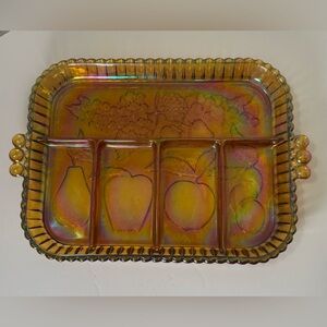 Vintage Marigold Iridescent Carnival Glass Divided Handled Tray, Fruit Designs